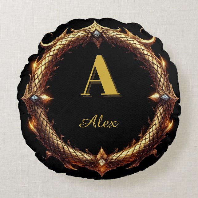 Almofada Redonda ✨ Moldura de Círculo Ornamentado com Dragão e Letr (Frente)