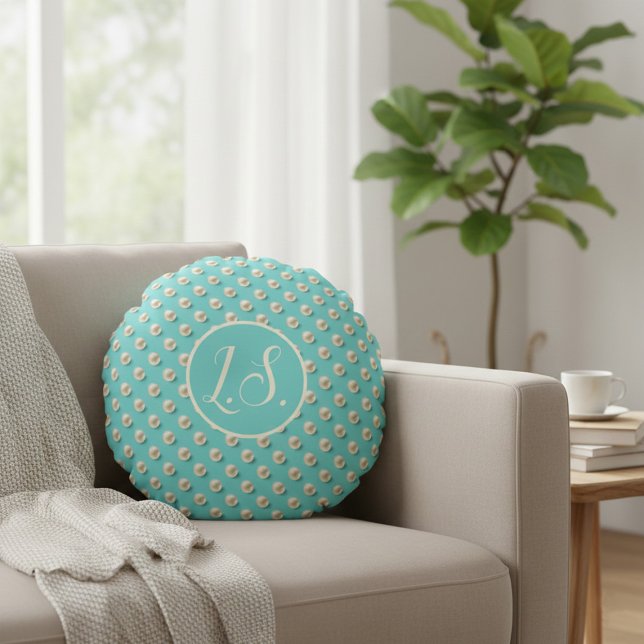 Almofada Redonda Monogram Pearl & Turquoise Round Pillow (Criador carregado)