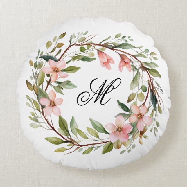 Almofada Redonda Monograma Bonito Pau e Flores Selvagens (Frente)