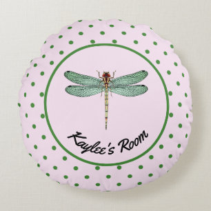 Almofada Redonda Monograma da Bolinhas rosa e verde e da Dragonfly
