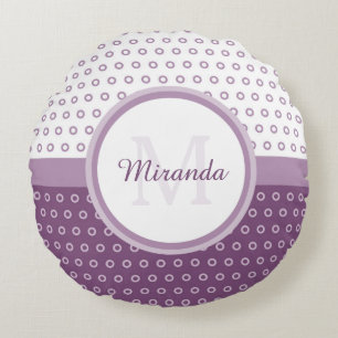 Almofada Redonda Monograma de Bolinhas Roxo e Branco com Nome