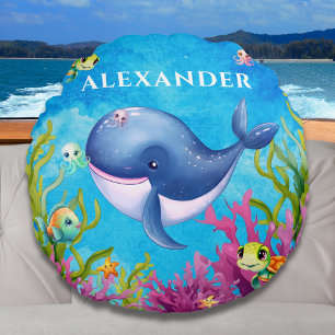 Almofada Redonda Monograma de Cuta Nome Turtle Sea Turtle Whale