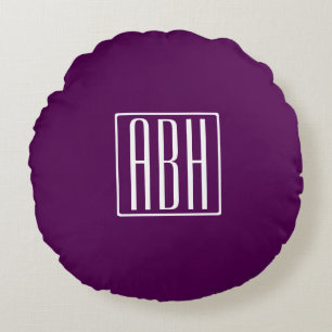 Almofada Redonda Monograma de Iniciais   Branco Sobre Roxo Profundo