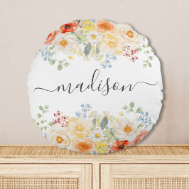 Almofada Redonda Monograma de Nome Personalizado Aquarela Floral En