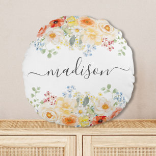 Almofada Redonda Monograma de Nome Personalizado Aquarela Floral En