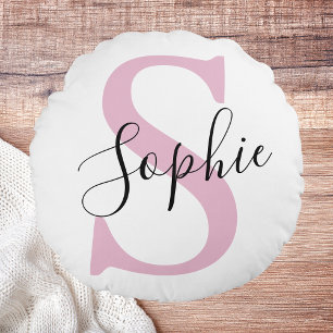 Almofada Redonda Monograma de Nome Personalizado Moderno - Rosa