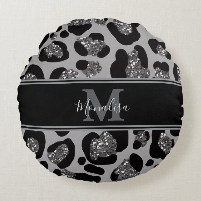 Almofada Redonda monograma de prata e gliteria preta, personalizado (Frente)
