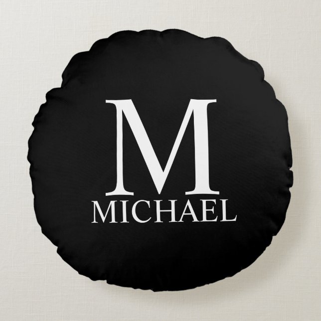 Almofada Redonda Monograma e Nome Personalizados Preto (Frente)