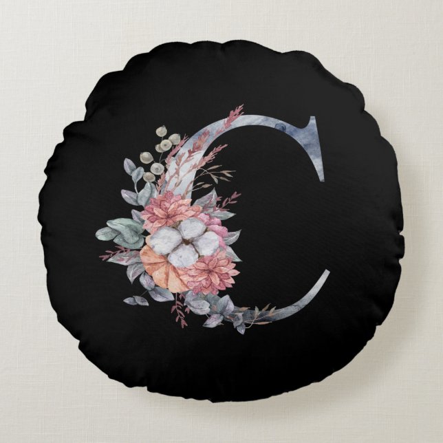 Almofada Redonda Monograma Floral Azul Personalizado C (Frente)