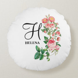 Almofada Redonda Monograma Floral Botânico Personalizado Vintage