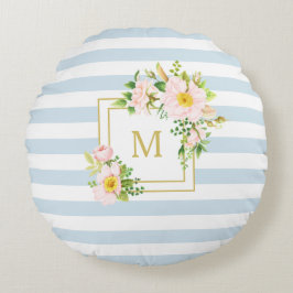 Almofada Redonda Monograma Floral Chic Pastel Blue Strips