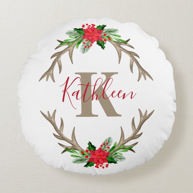 Almofada Redonda Monograma Floral de Natal Antílope Verde Vermelho (Frente)