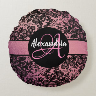 Almofada Redonda Monograma Floral Preto-na moda cor-de-rosa