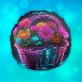 Almofada Redonda Monograma Flores de Coloração Brilhante num Cesto