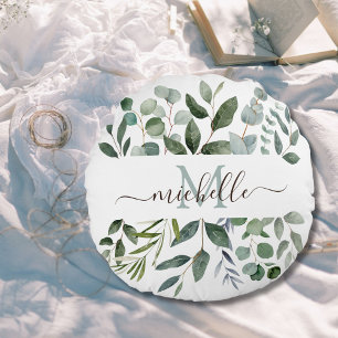 Almofada Redonda Monograma Folhas de Eucalipto Verde Sage Greenery
