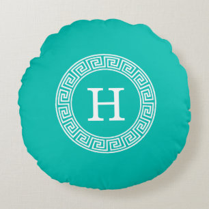 Almofada Redonda Monograma Inicial do Quadro-Chave Grego Teal What