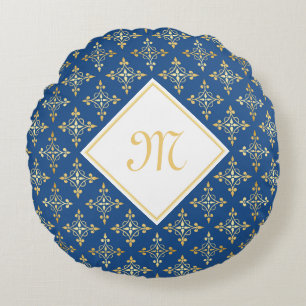 Almofada Redonda Monograma luxuoso azul e Quatre Dourado floral