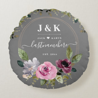 Almofada Redonda Monograma Personalizado de Blush Rosa e Borgonha
