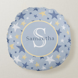 Almofada Redonda Monograma Personalizado de Estrelas de Inverno Azu