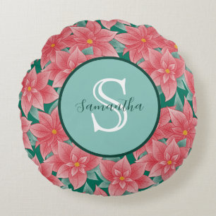 Almofada Redonda Monograma Personalizado de Poinsettia Alegre