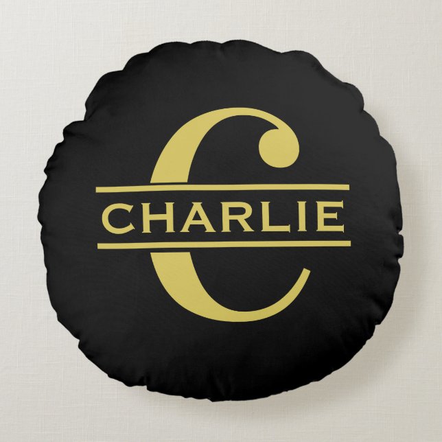 Almofada Redonda Monograma Personalizado e Nome Preto e Dourado (Frente)