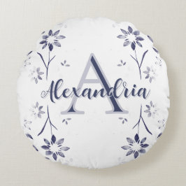 Almofada Redonda Monograma Personalizado Nome Floral Azul