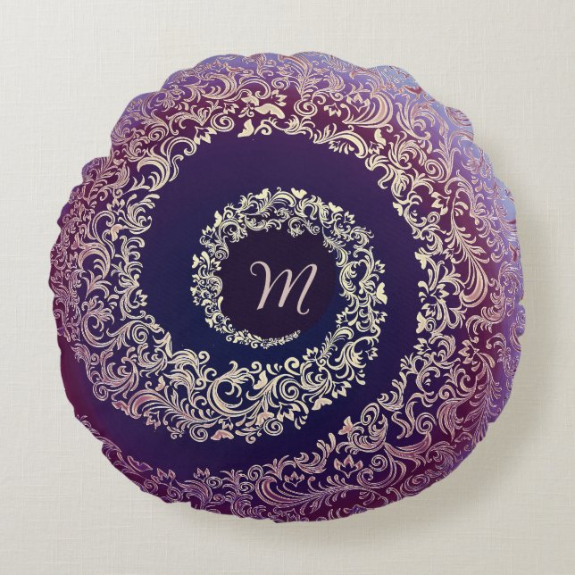 Almofada Redonda Monograma Real Purple e Dourado Damask (Frente)