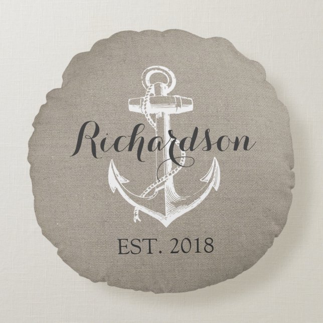 Almofada Redonda Monograma Rustic Vintage Anchor Wedding (Frente)