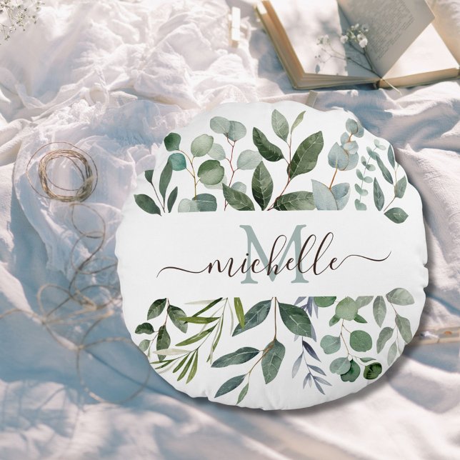 Almofada Redonda Monograma Sage Verde Eucalyptus Folhas de verde (In situ)