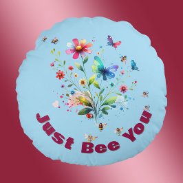 Almofada Redonda Monograma Simples Floral de Aquarela, Abelha em az