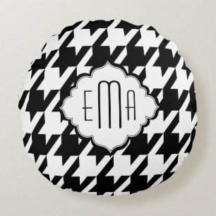 Almofada Redonda Monogramed Houndstooth preto e branco