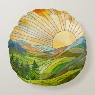 Almofada Redonda Montanha Sunrise Arte Digital Mosaica