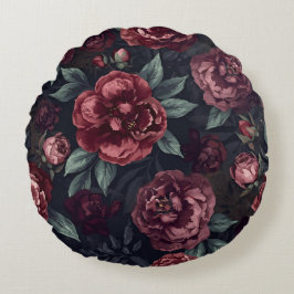 Almofada Redonda Moody Florals Watercolor Dark Red Pattern