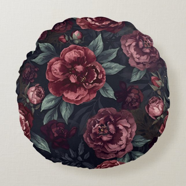 Almofada Redonda Moody Florals Watercolor Dark Red Pattern (Frente)