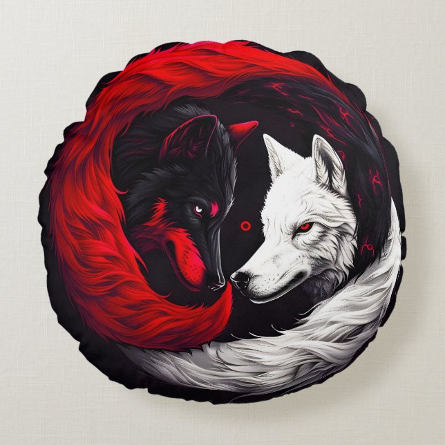 Almofada Redonda Moon Crimson Red White Wolf (Frente)