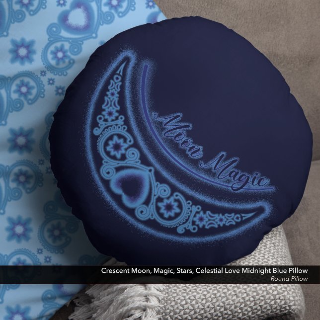 Almofada Redonda Moon Magic Stars Celestial Azul (Crescent Moon Magic Stars Celestial Love Midnight Blue Round Pillow)