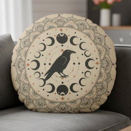 Almofada Redonda Moon Phase Raven Mandala