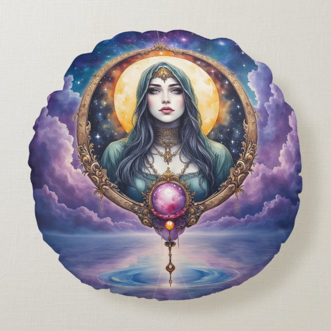 Almofada Redonda Moonbound Dreamkeeper – Guardian of the Night.   (Frente)