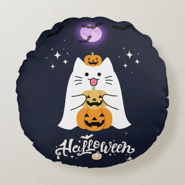 Almofada Redonda Moonlit Halloween Cat – Spooky & Sweet Night (Frente)