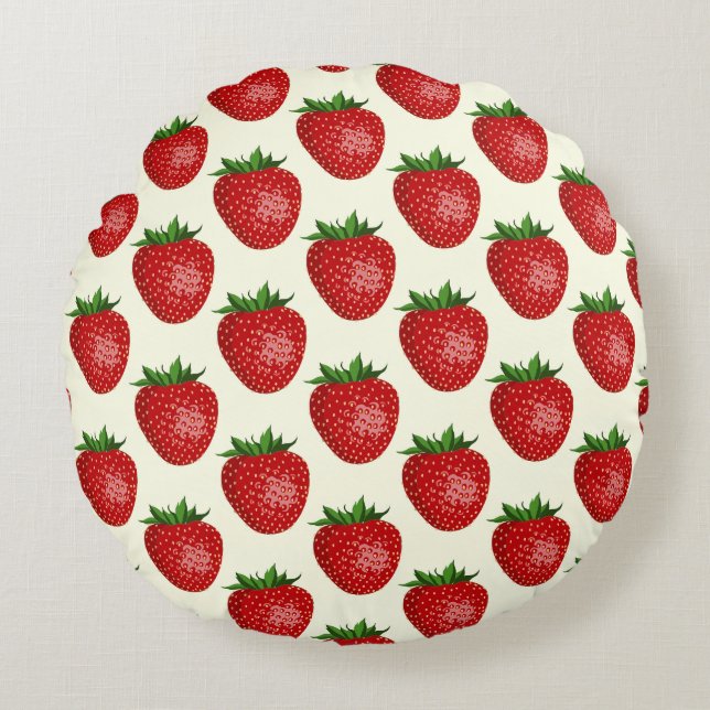 Almofada Redonda Morango, Morangos Vermelhos, Fruta, Folha (Frente)