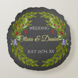 Almofada Redonda Morangos da floresta aquosa e cogumelos