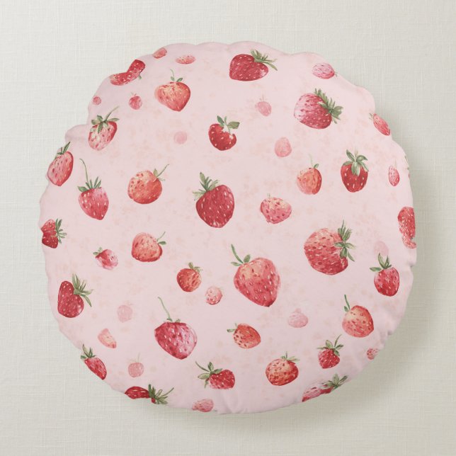 Almofada Redonda Morangos Frutas Vermelhas Rosadas (Frente)