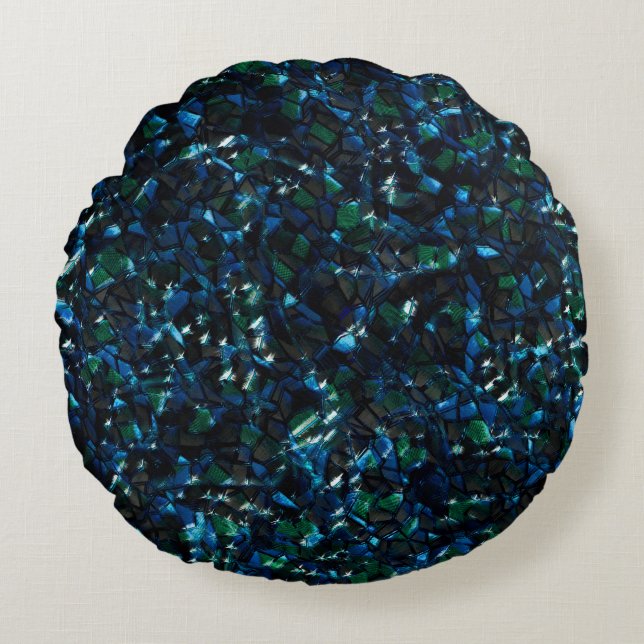 Almofada Redonda Mosaico estranho sobre fundo escuro e brilho nebul (Frente)