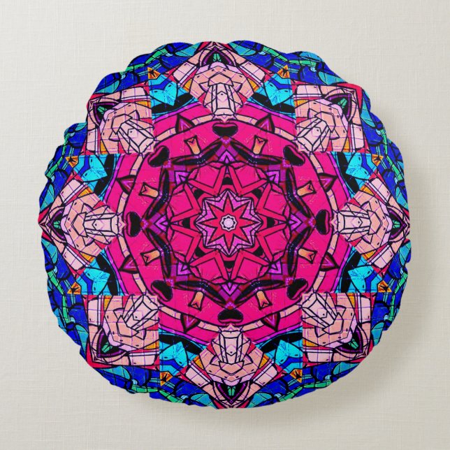 Almofada Redonda Mosaico Rosa Mandala Floral Psicélico Retro (Frente)