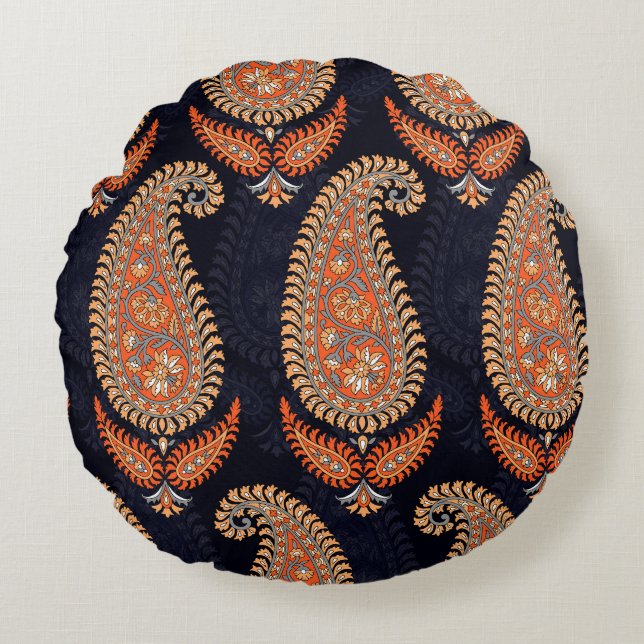 Almofada Redonda Motif floral de Mughal em marinho (Frente)