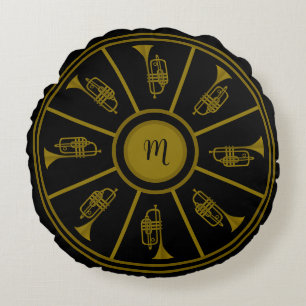 Almofada Redonda Motif preto e dourado com trompetes e monograma