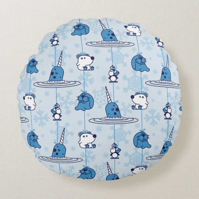 Almofada Redonda Mr. Narwhal Blue Snowflake Pattern (Frente)