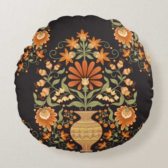 Almofada Redonda Mughal Fantasy: Opulência Refletora Floral (Frente)