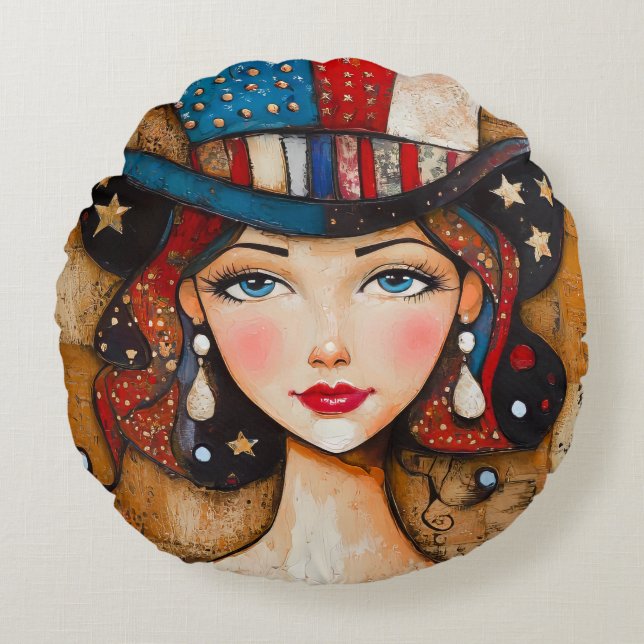 Almofada Redonda Mulher Americana Patriótica (Frente)