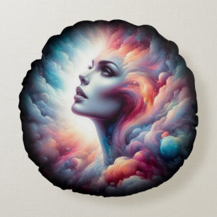 Almofada Redonda Mulher com Cabelo Cosmico Aura
